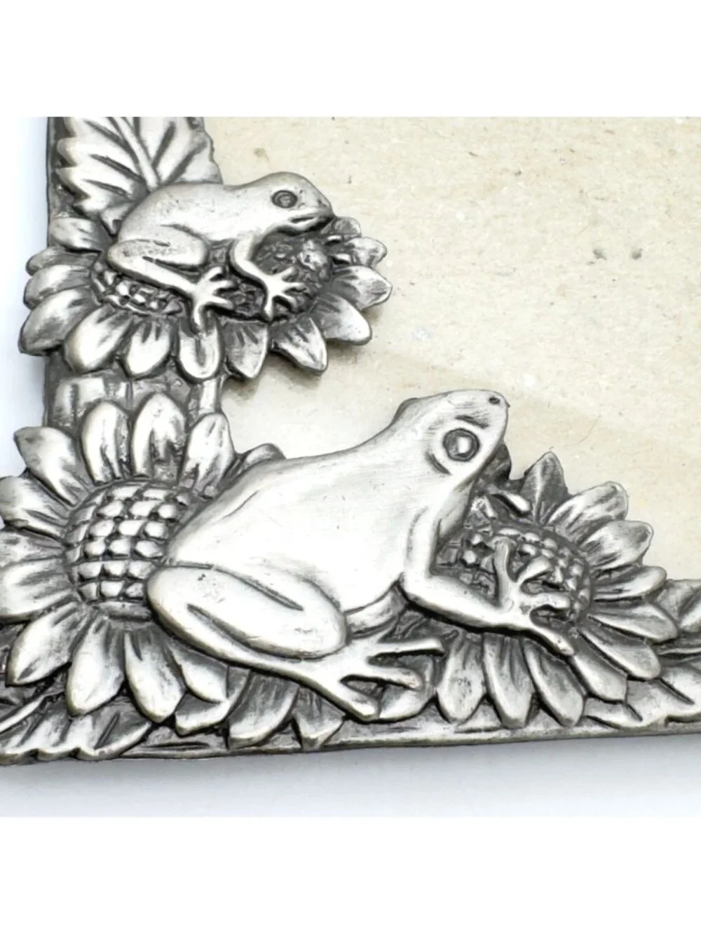 Frog Sunflower Pewter Picture Frame Vintage 3.5